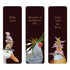 Classic Novels Bookmarks Set of 3 featuring artwork by Vicki Sawyer showcasing whimsical book titles: "Moby Duck" with a duck and shells, "Adventures of Huckleberry Hen" with a hen and onions, and "Gone with the Wren" featuring a wren wearing flowers.