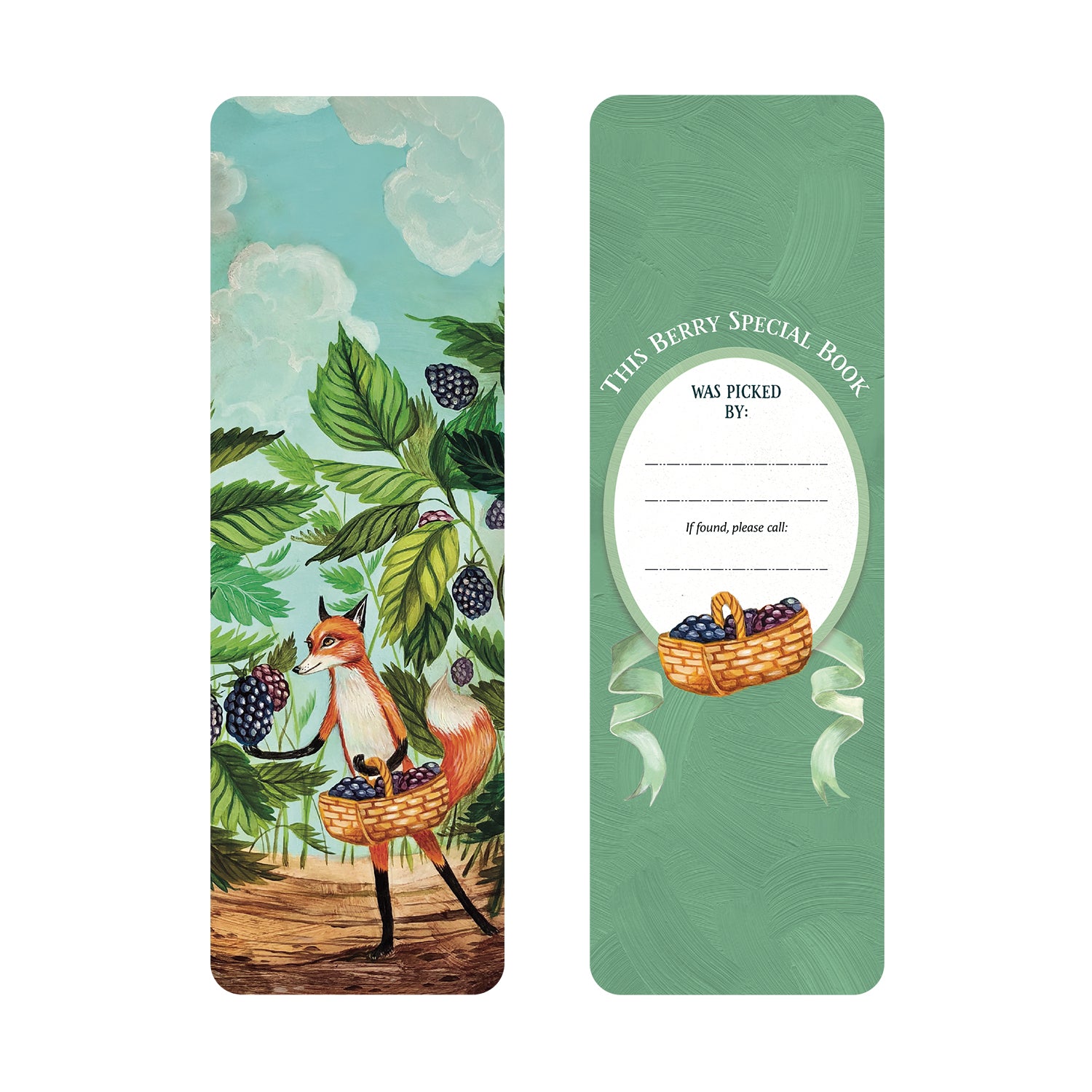 Bookmark with a fox picking berries on the front and basket of berries with a bookplate on the back.