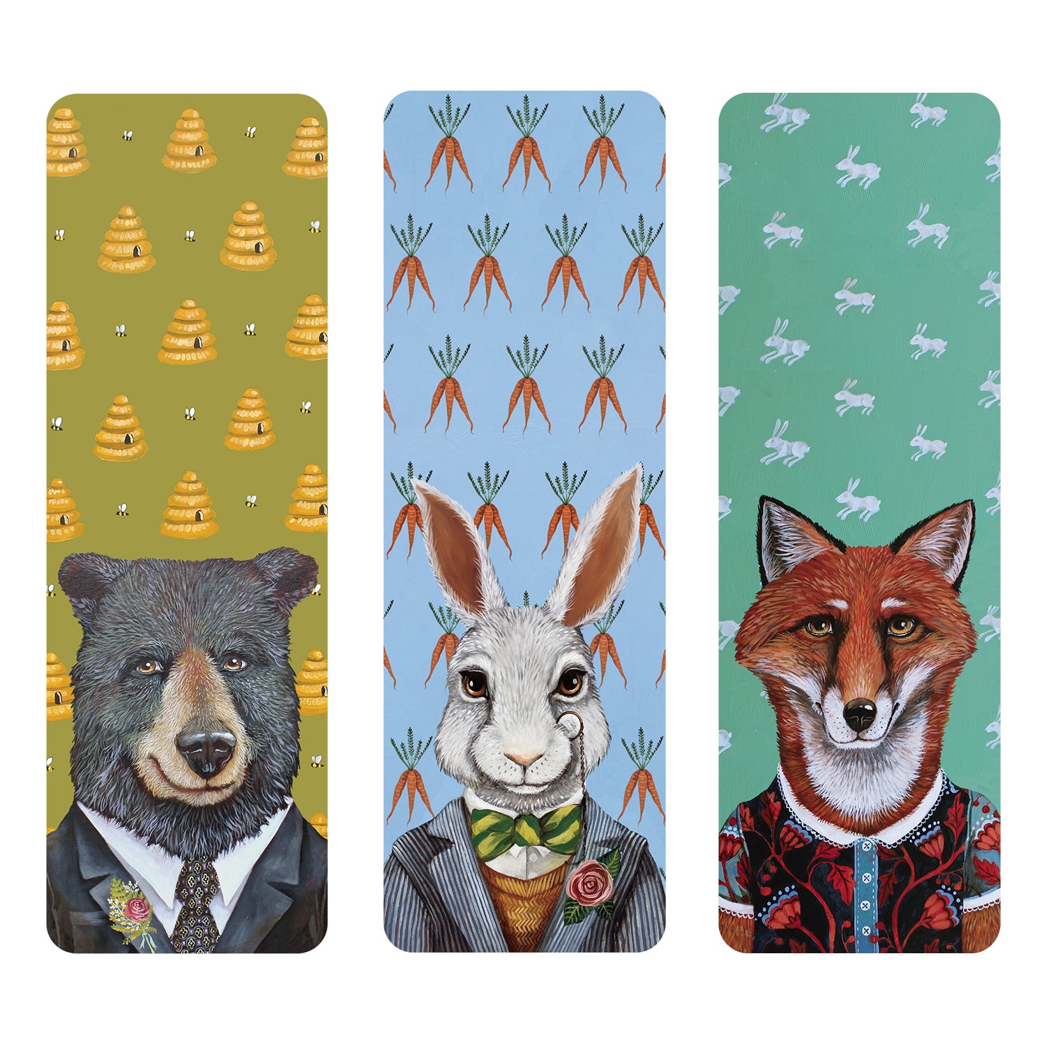 Three bookmarks with animals in suits –– a bear with a beehive design, a hare with a carrot design and a fox with a rabbit design.