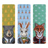 Three bookmarks with animals in suits –– a bear with a beehive design, a hare with a carrot design and a fox with a rabbit design.