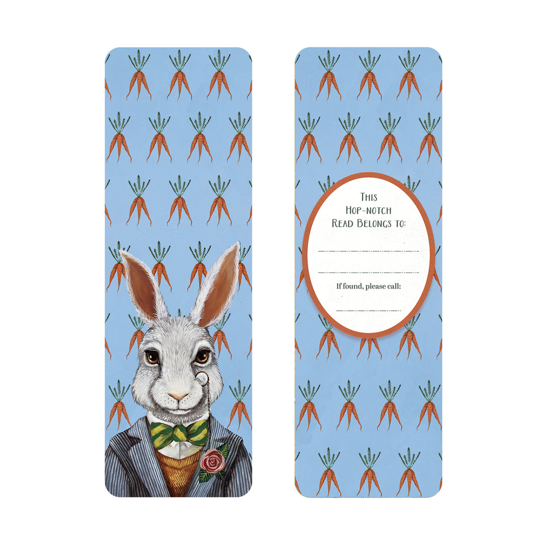 Bookmark with a rabbit illustration and carrot pattern on a blue background on the front and bookplate and carrot design on the back.