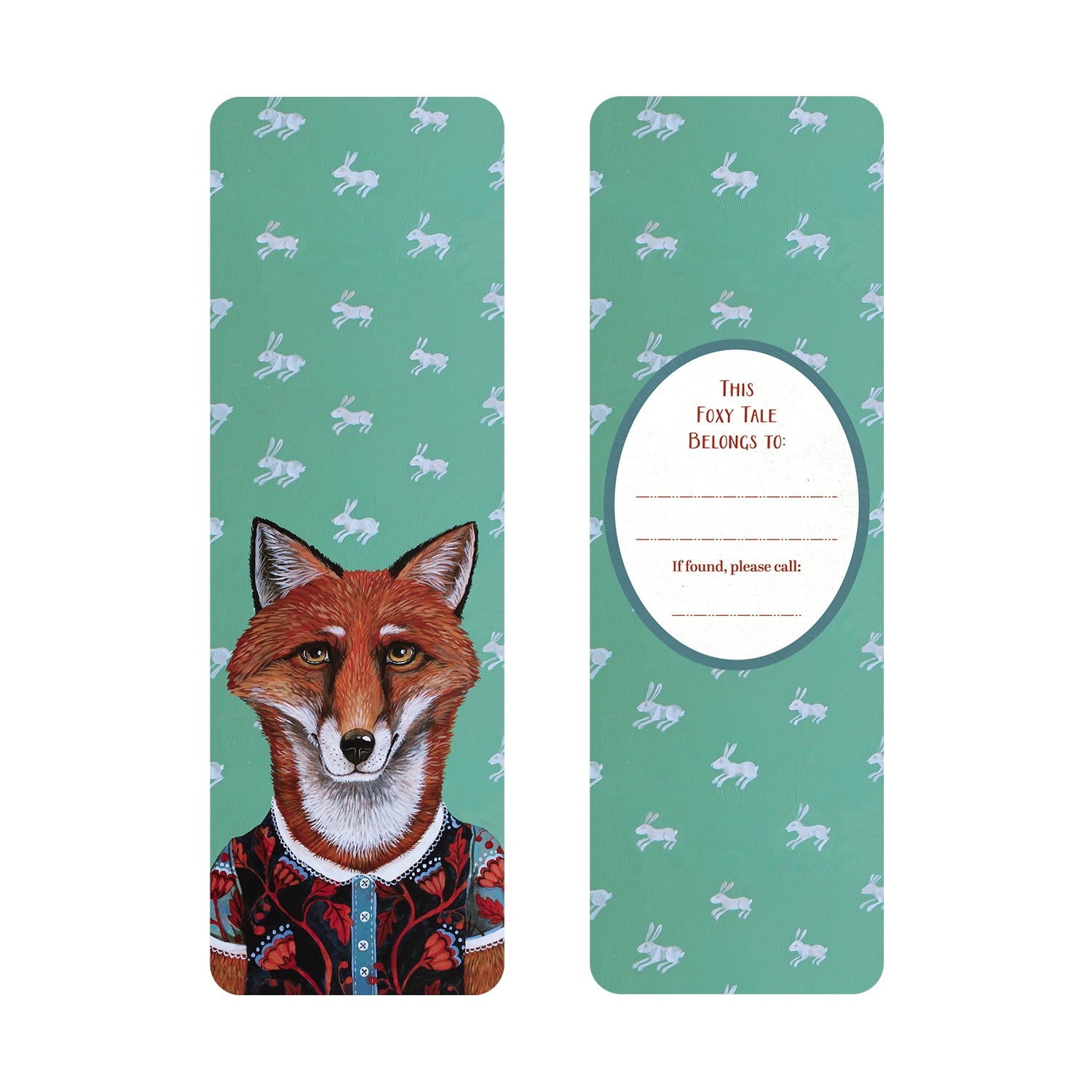 Bookmark with a fox a floral shirt design on a green background with rabbit patterns on the front and bookplate on the back.