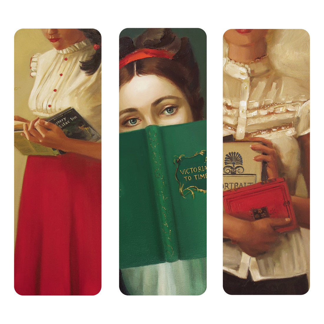 Three bookmarks with vintage-style illustrations of women with books and accessories.