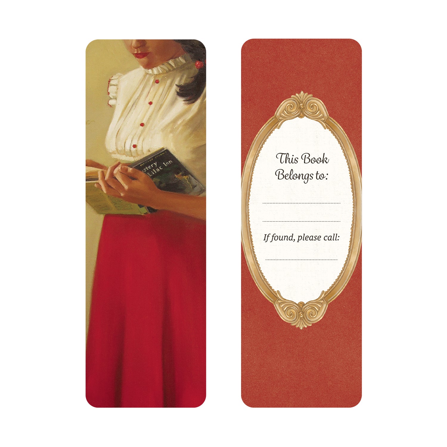 Bookmark with vintage illustration of a woman holding reading a book on the front and a red background with a gold frame bookplate on the back.