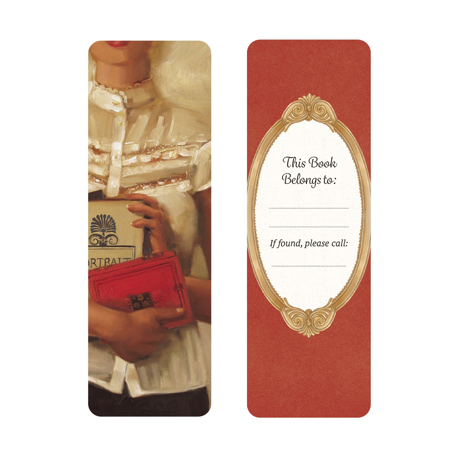Bookmark with vintage illustration of a woman holding a book and a red box on the front and a red background with a gold frame bookplate on the back.