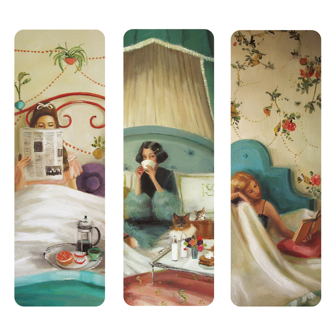 Three bookmarks of vintage-style illustrations of women in cozy bedroom settings.