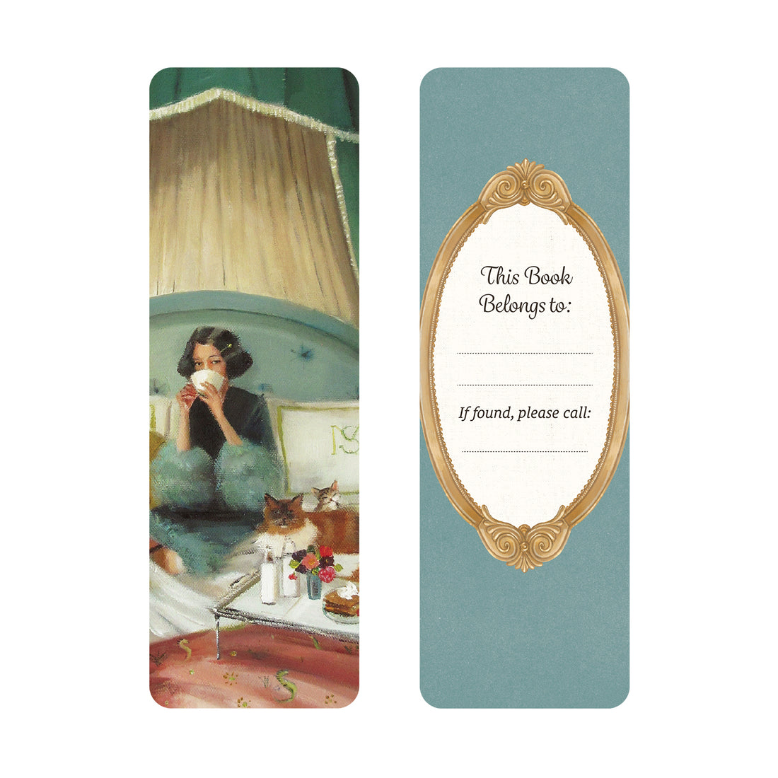 Bookmark with vintage-style illustration ––a woman having breakfast on the bed with cats on the front a gold frame bookplate on a teal background on the back.
