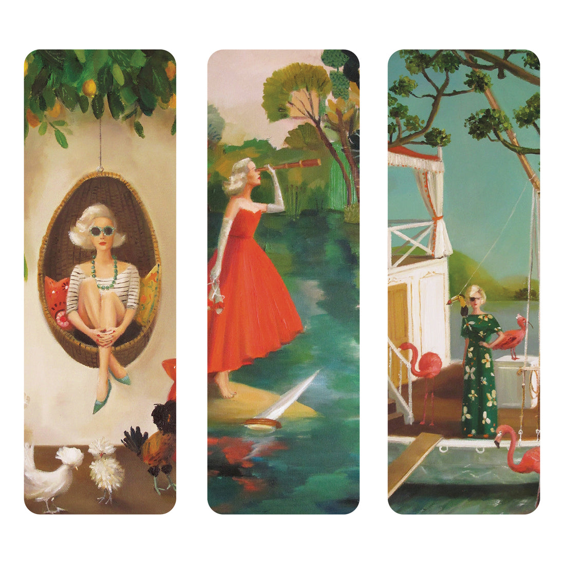 Three vintage-style scenic illustrations featuring women in various nature settings.