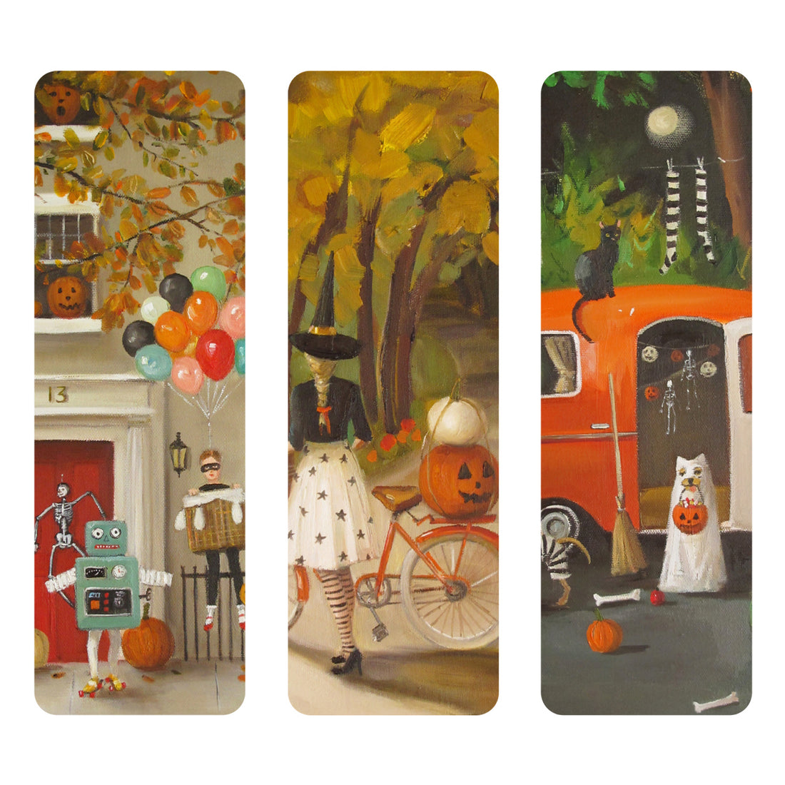 Three Halloween-themed bookmarks with different scenes including a robot, a witch, and a ghost.