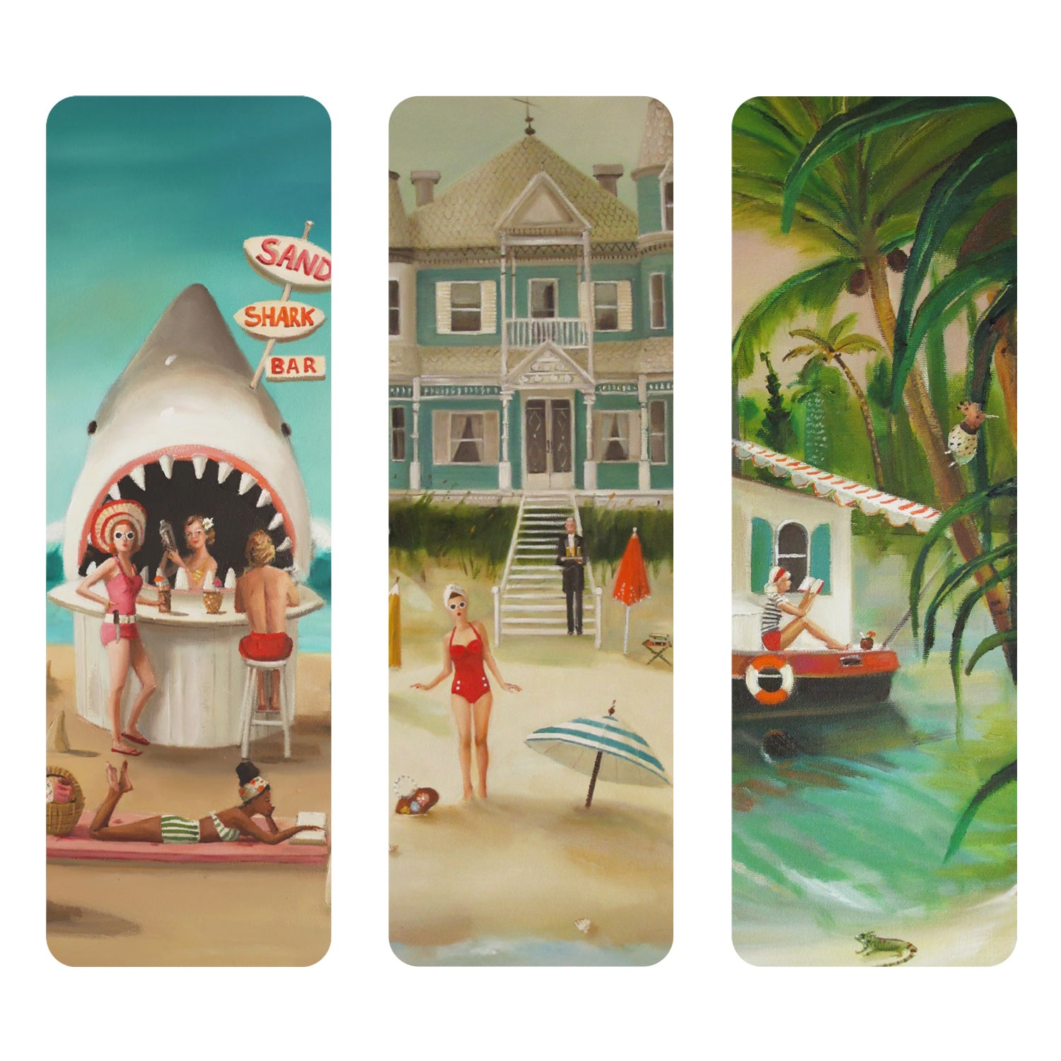 Three beach-themed bookmarks with vintage-style illustrations of a shark, a house, and a boat.