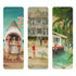 Three beach-themed bookmarks with vintage-style illustrations of a shark, a house, and a boat.