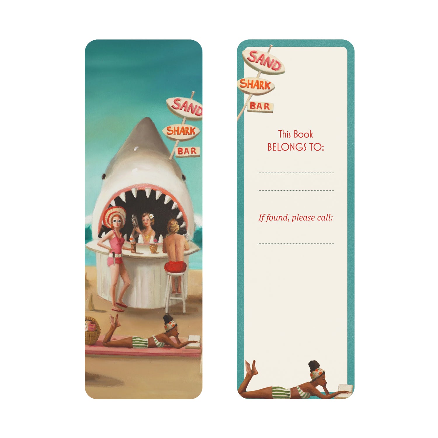 Bookmark with a shark beach bar scene and a &