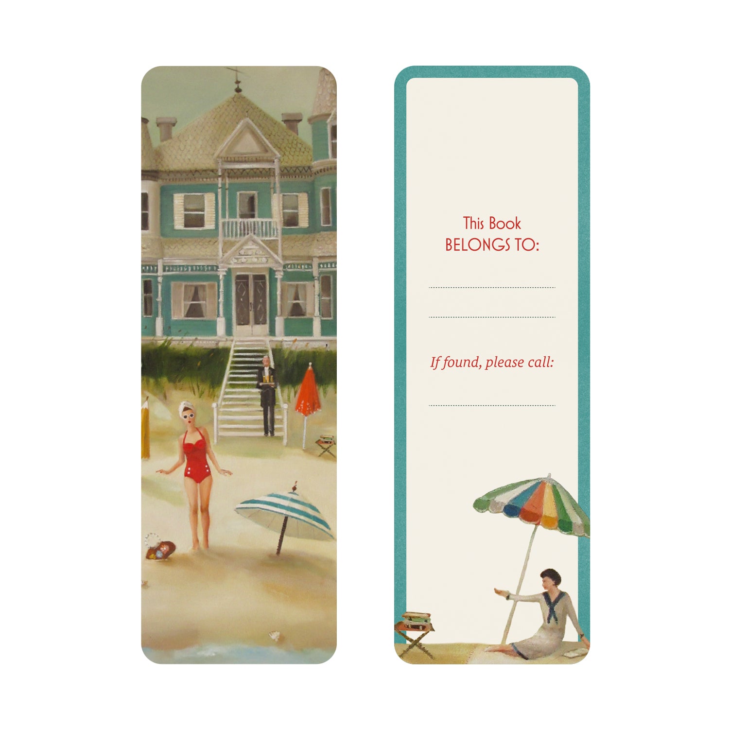 Bookmark with a beach house scene featuring a butler and woman in a bathing suit on the front and book plate on the back.