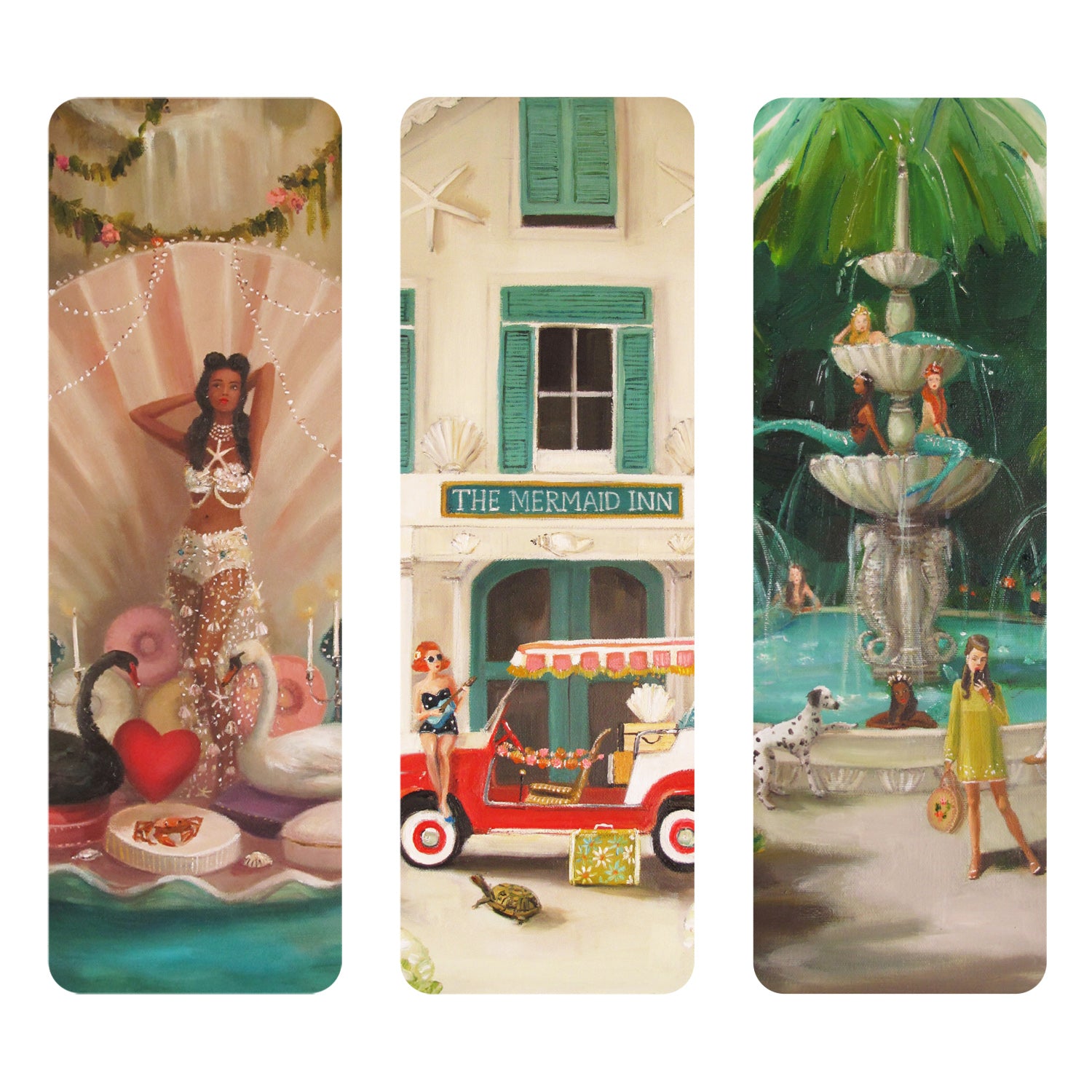 Three scenic bookmarks featuring a mermaid, a beach scene with &