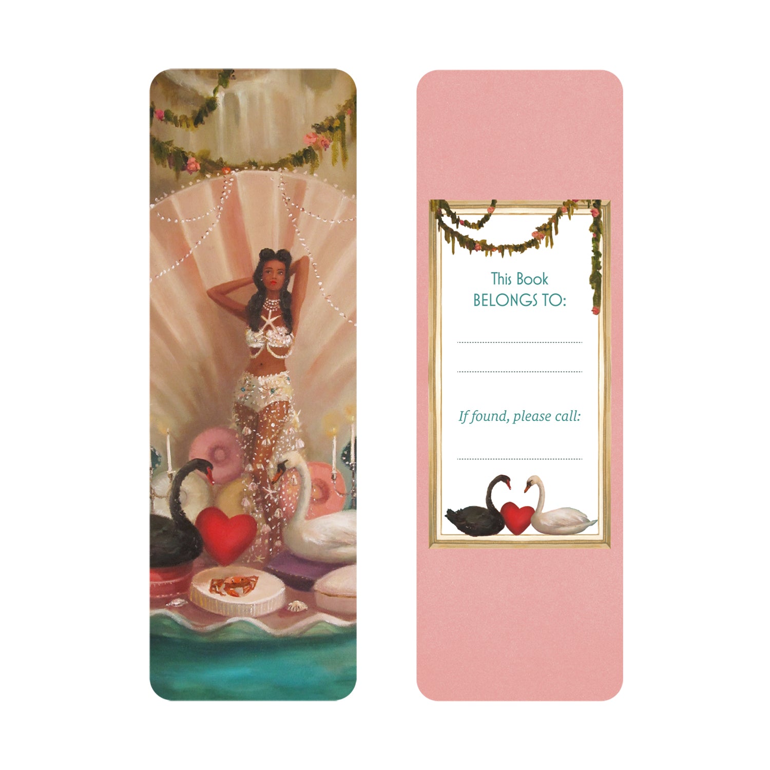 Bookmark with a colorful design of a mermaid and decorative elements on the front and bookplate on the back.