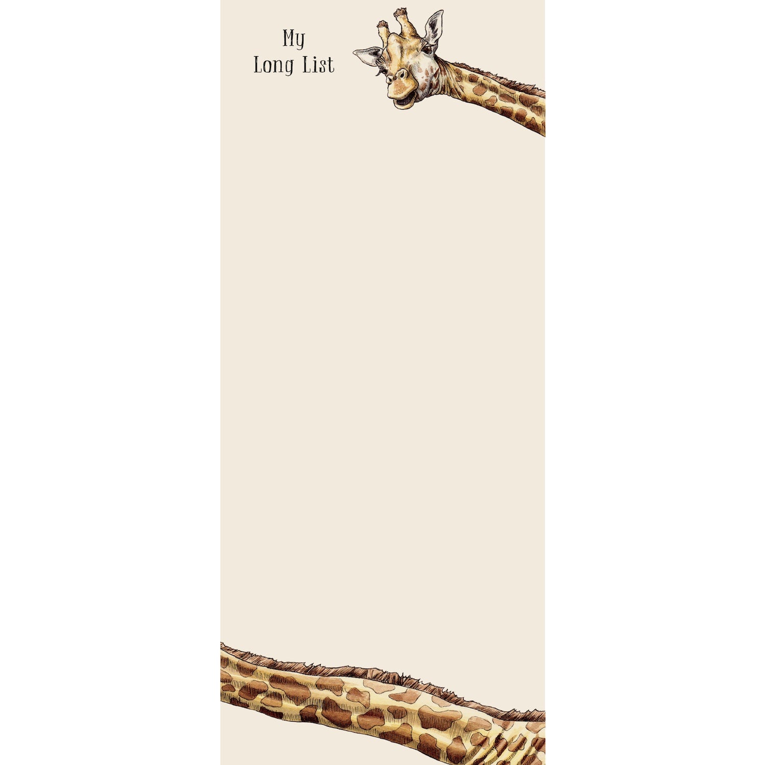 A skinny rectangular list pad in cream, featuring a funny illustration of a long giraffe neck stretched across the bottom of the pad, with the face appearing at the top of the pad, captioned &quot;My long list&quot; at the top. 