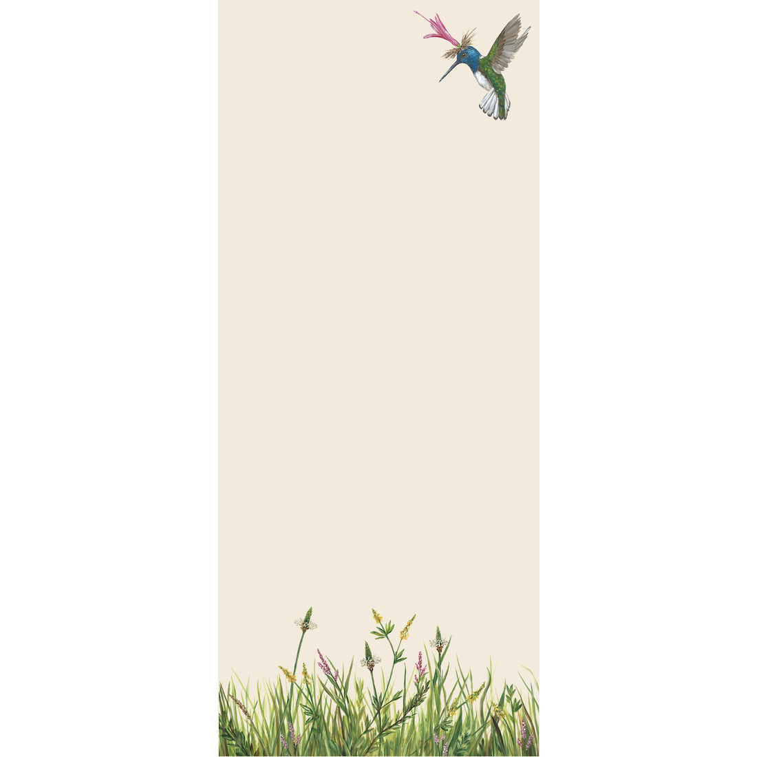 A notepad with a whimsical illustration of a hummingbird at the top and grass at the bottom.