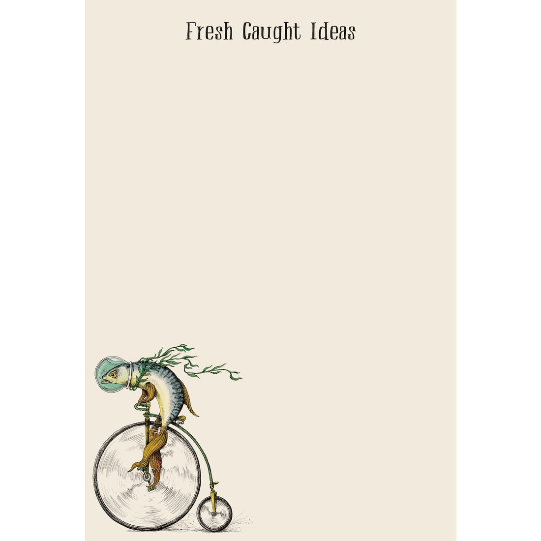 An illustrated chameleon sitting atop a light bulb, with a fishing rod dangling a leafy lure, under the phrase &quot;fresh caught ideas,&quot; on Hester &amp; Cook Fresh Caught Ideas Note Pad.
