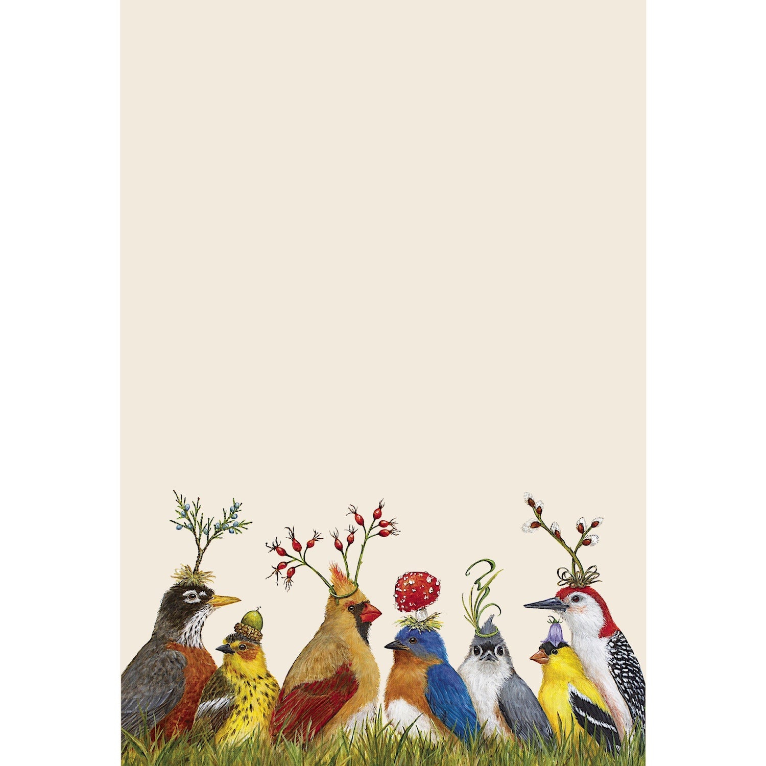 A notepad with a whimsical illustration of various birds wearing hats at the bottom of each page.
