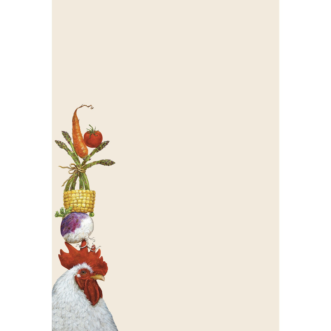 A whimsical Steady Rooster Note Pad illustration by Hester &amp; Cook with a stack of various foods balanced on its head.