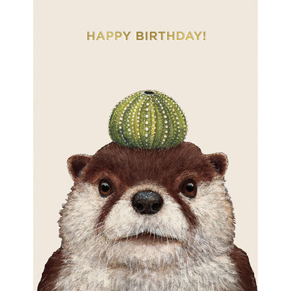 Othello Otter wearing a cactus on his head, featured on a delightful Hester &amp; Cook Othello Otter Card.