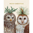 Two Winter Owls wearing pine cones on their heads with gold foiled lettering by Hester & Cook&