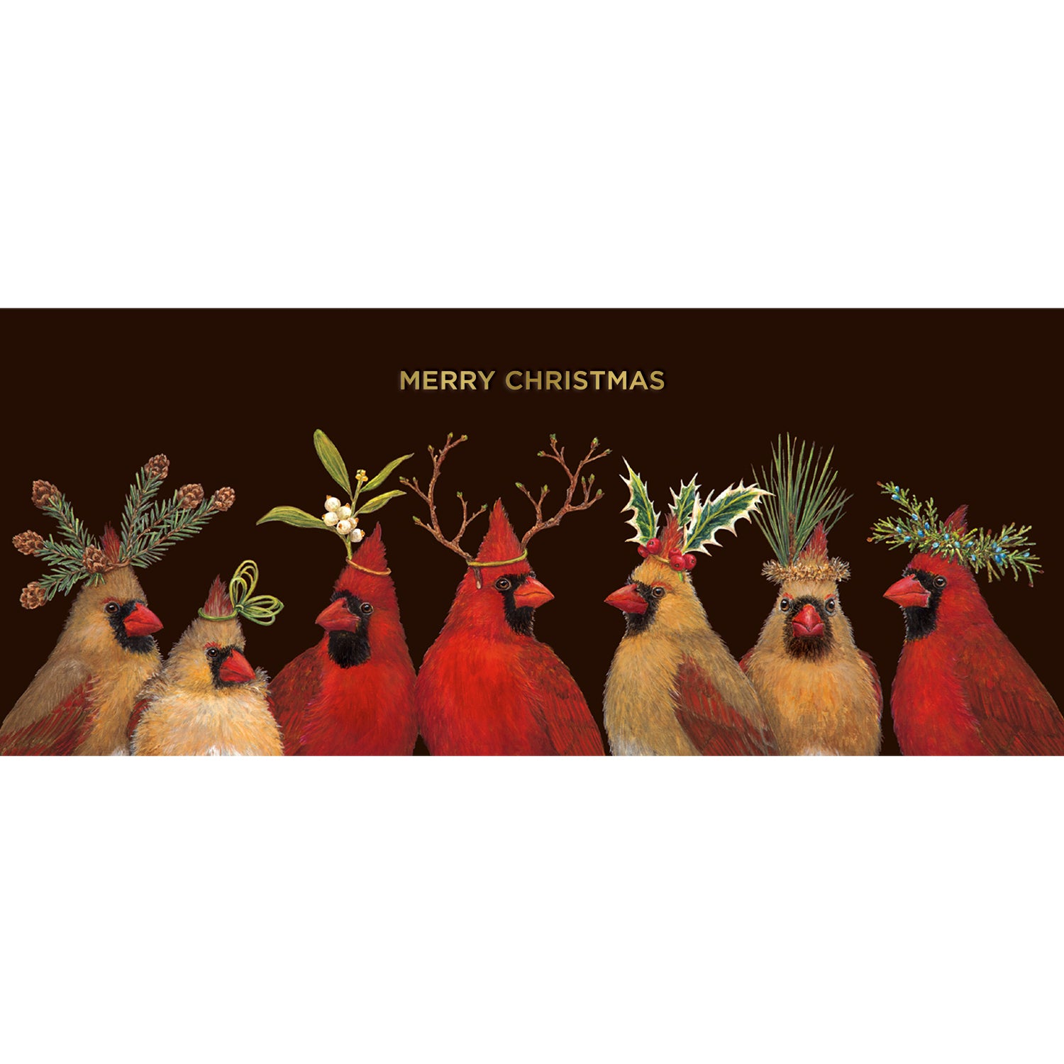 A festive Christmas card featuring a row of illustrated red cardinals with various plants and decorations on their heads, against a dark background, designed by Vicki Sawyer, with the greeting &quot;merry christmas&quot; is the Christmas Cardinals Boxed Set Cards from Hester &amp; Cook.