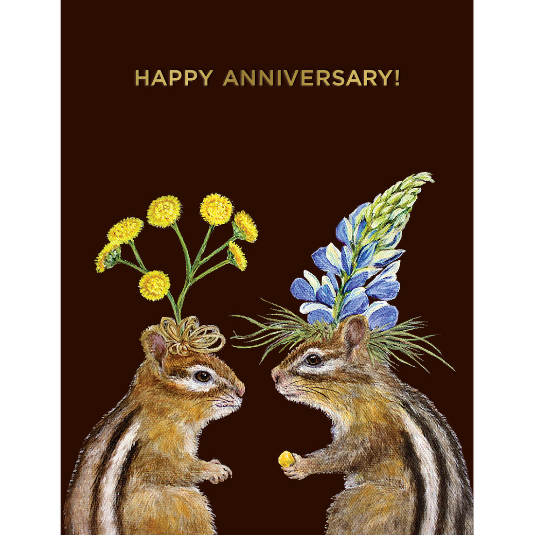 Two Hester &amp; Cook chipmunks with flowers on their heads, perfect for an Anniversary Chipmunks Card, set against a warm brown background.