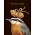 This Hester & Cook card with an original artwork by Vicki Sawyer features the left profile of a bird with golden chest plummage, a grey wing, and a black and white striped head wearing a hat of a peanut shell tied with twine on a rich brown background. The words "GET WELL SOON" are printed in shiny gold foil across the top. 