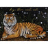 An illustration of a striped tiger lounging on a wood paneled floor on a black background featuring leaves and blooms, with "hey there, cool cat" printed in gold across the top of the card.