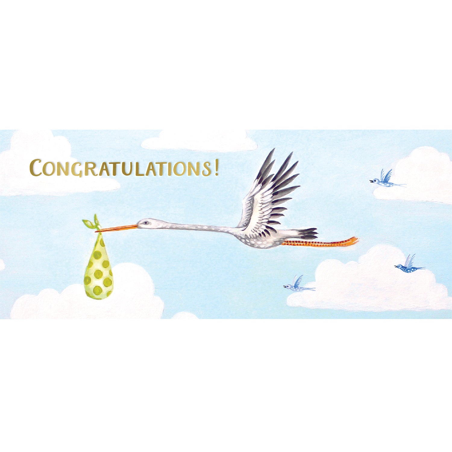 A whimsical illustration of a white stork flying through a cloudy blue sky with a spotted green bundle hanging from their beak, with &quot;CONGRATULATIONS!&quot; printed in gold above the bird.