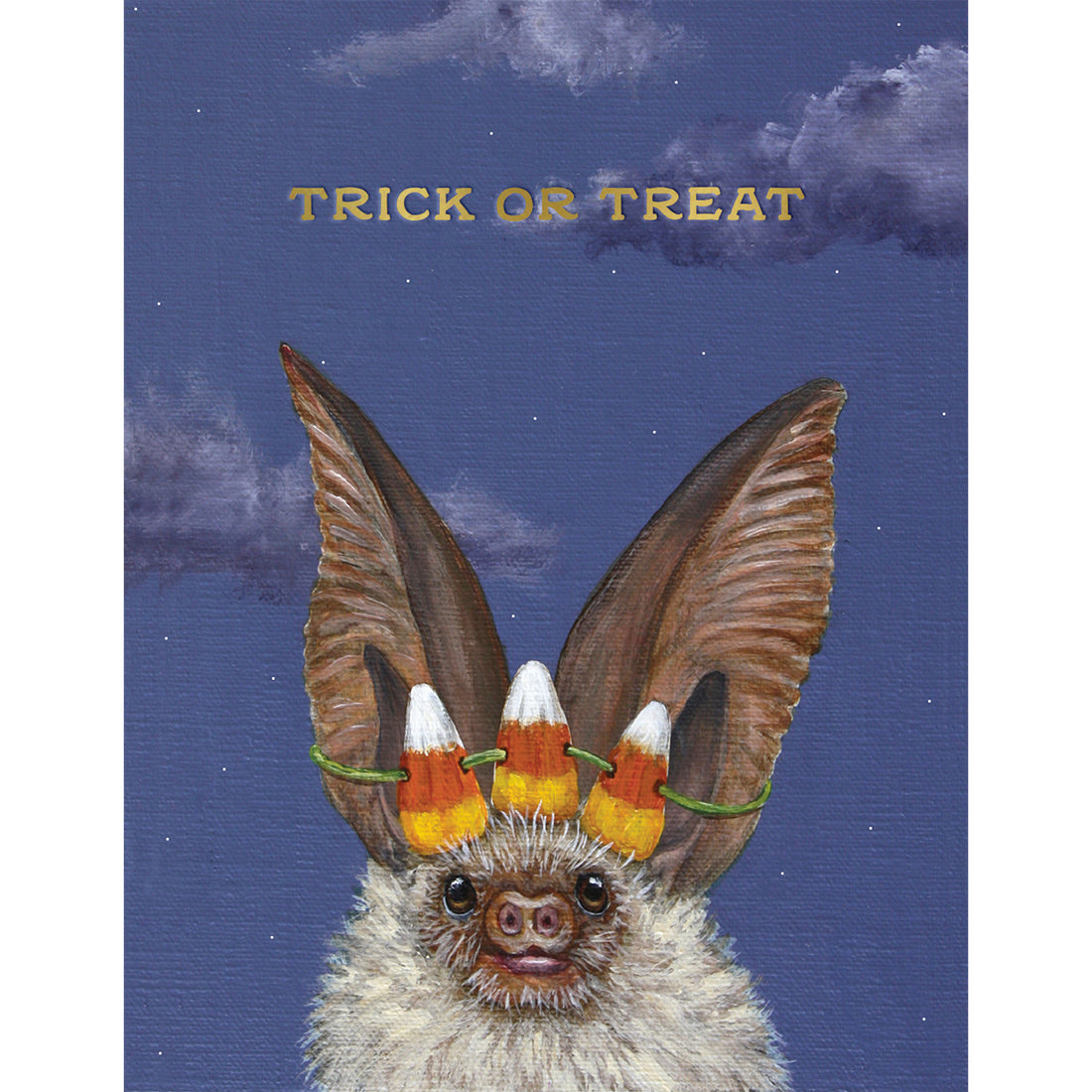 A realistic illustration of a bat adorned with a candy corn garland around his ears, against a night blue sky, with the words "TRICK OR TREAT" in gold letters above his head.