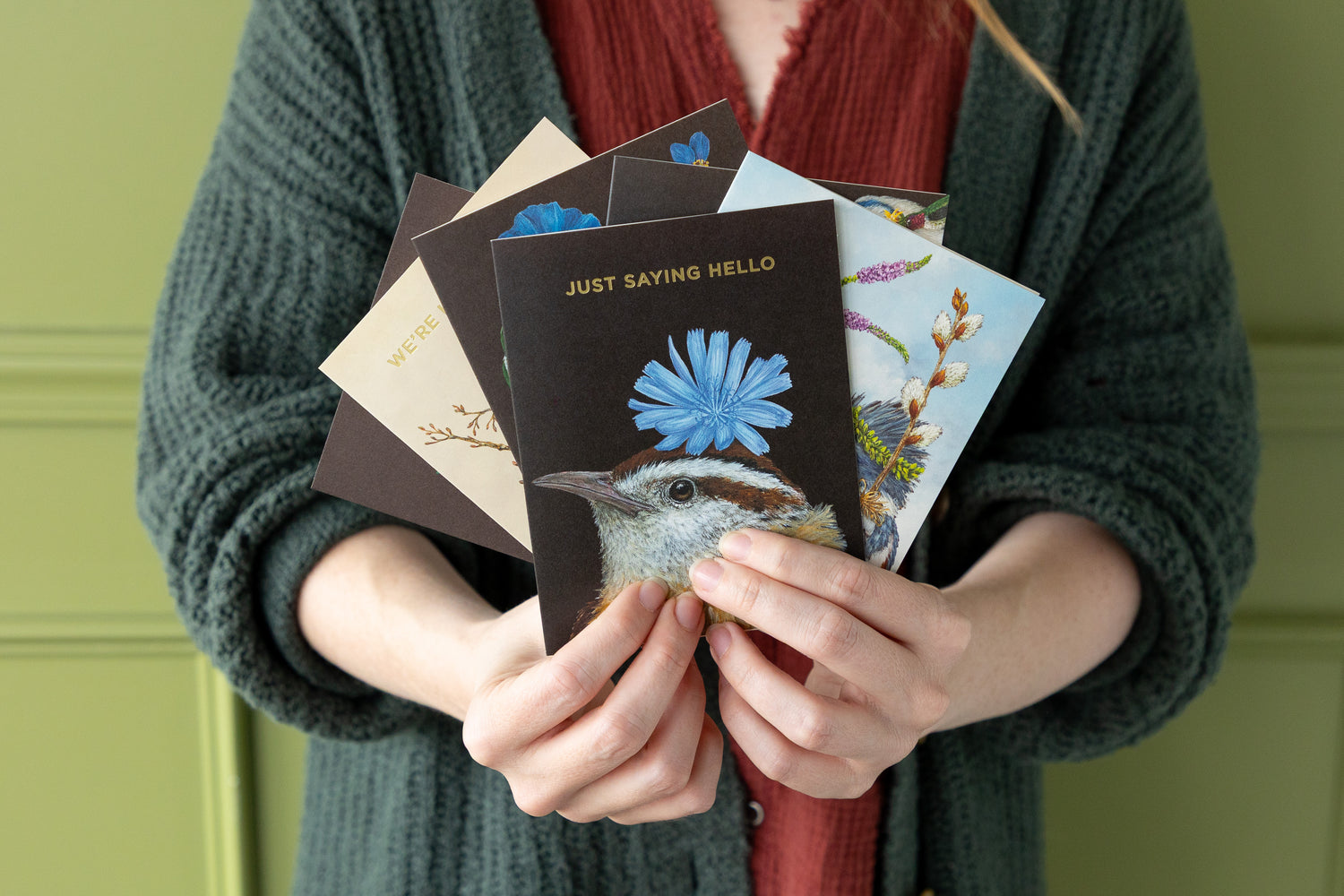 Person holding a collection of greeting cards with various designs.