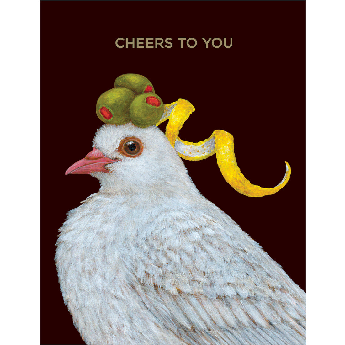 A painting of a white pigeon with olives on its head and the words &quot;cheers to you&quot; captures Hester &amp; Cook&