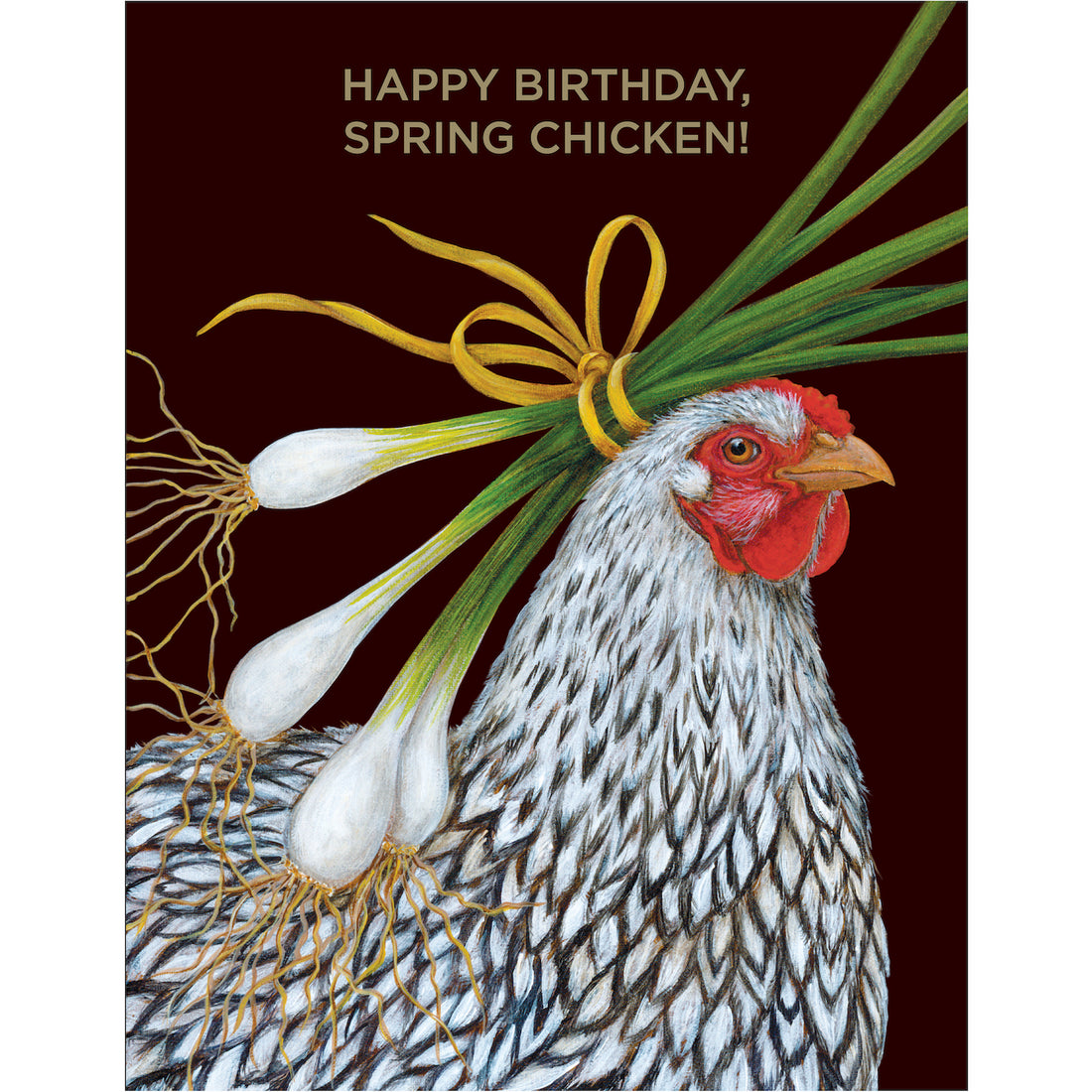 A birthday card featuring a painting of a chicken with a spring onion hat, titled &