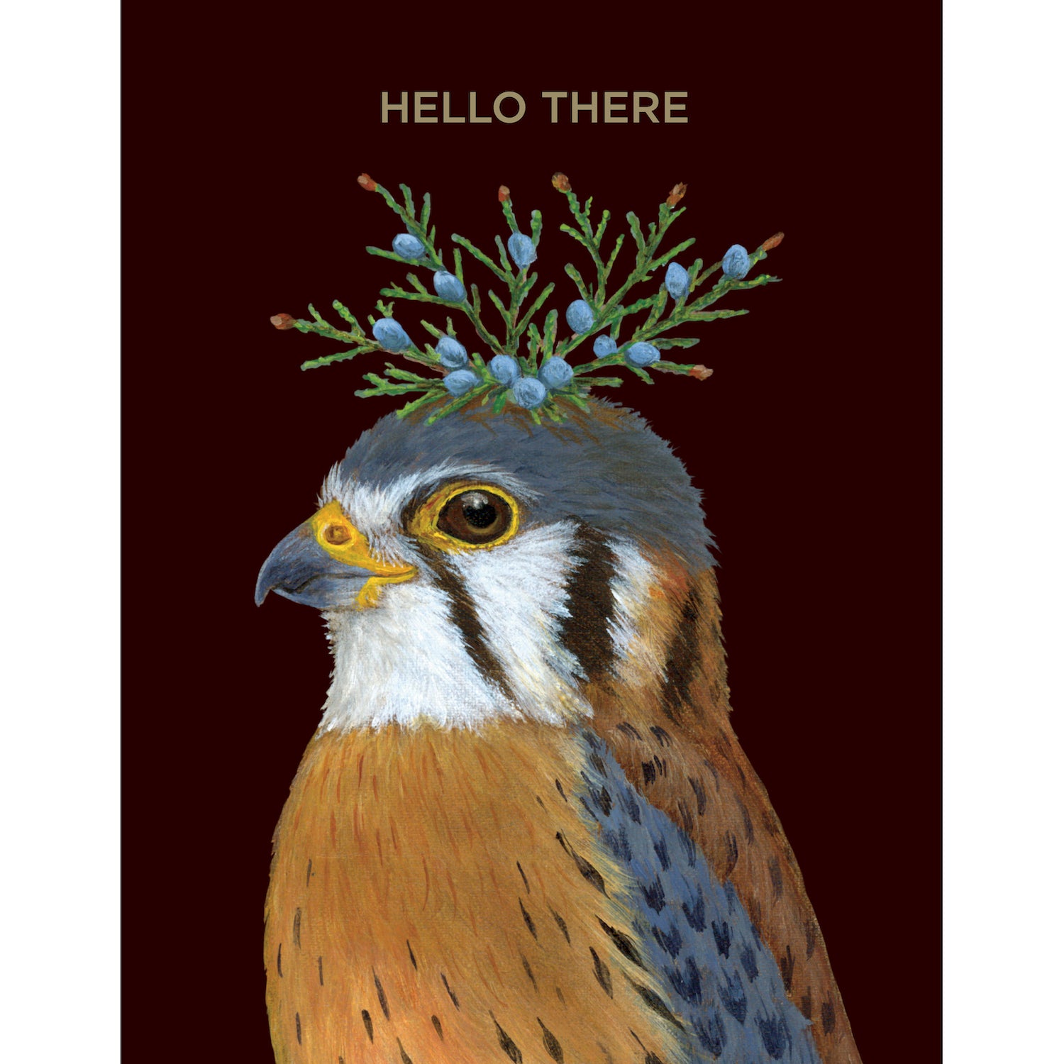 A Hello There, Kestrel Card with an image of a falcon wearing a crown of flowers, created by artist Vicki Sawyer, from Hester &amp; Cook.