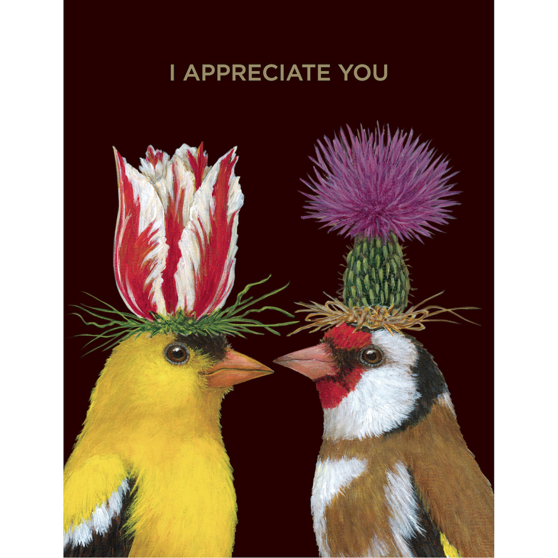 A couple of Appreciate You Birds Card adorned with flowers on their heads, depicted in exquisite paintings by a talented artist from Hester &amp; Cook.