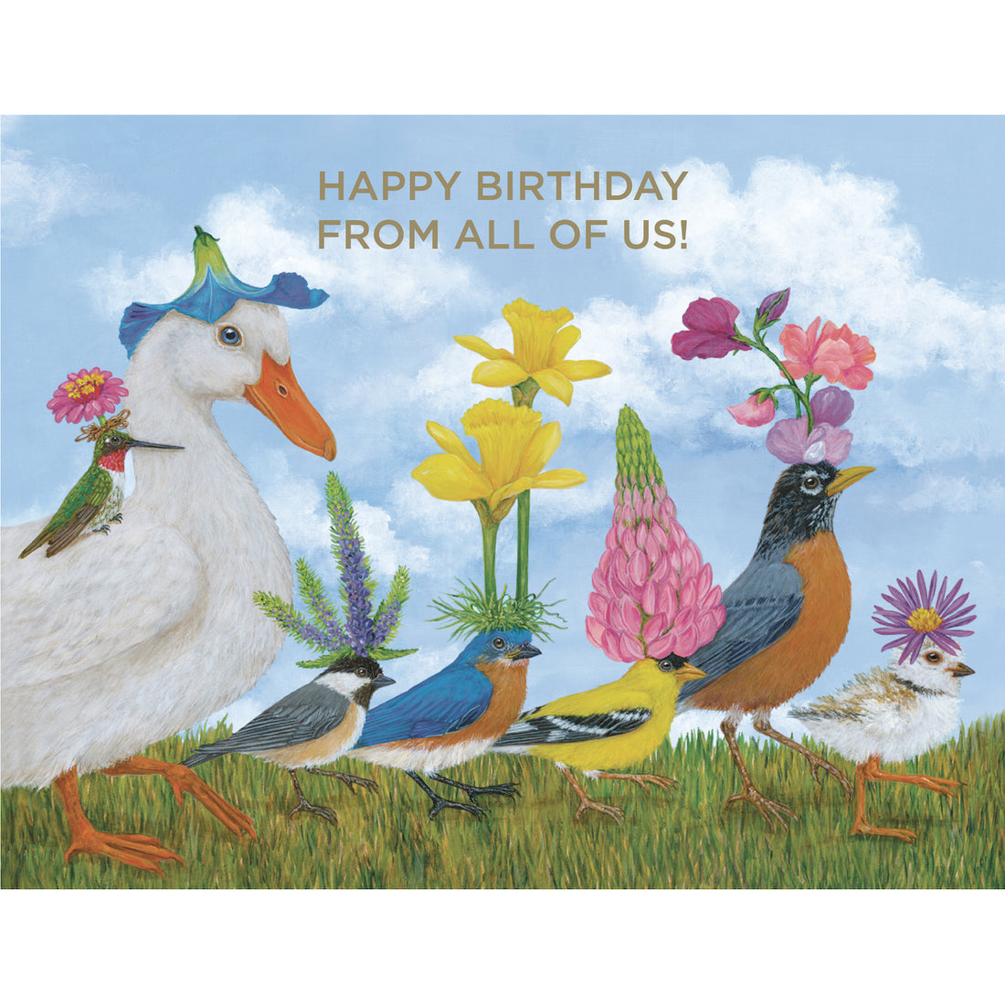 A greeting card featuring a charming illustration of a parade of various birds walking over grass wearing colorful flowers as hats, with a blue sky background and gold foil text that reads "HAPPY BIRTHDAY FROM ALL OF US!"