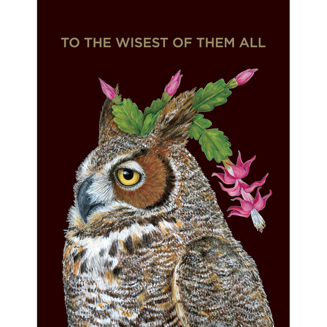 A greeting card featuring an illustration of an owl with flowers on its head, with a gold foil text overlay reading &