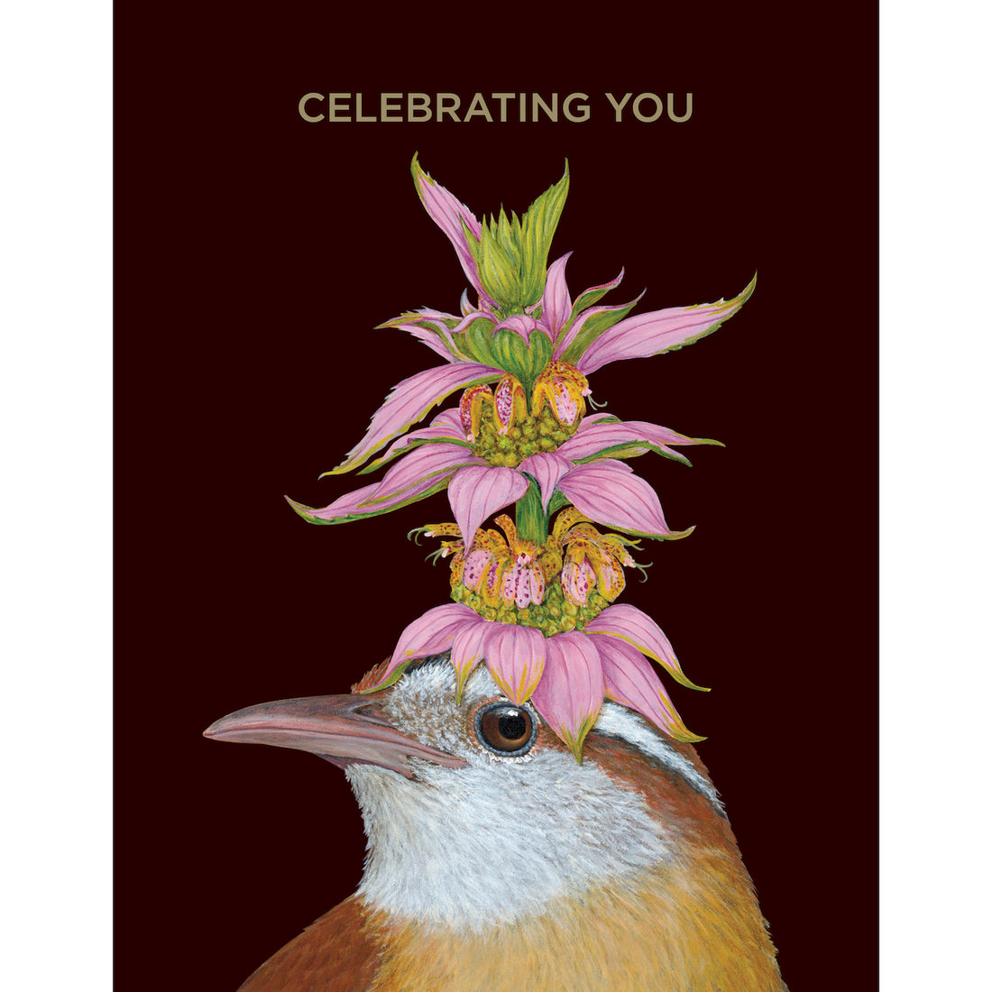A whimsical painting of a bird with flowers on its head by Hester &amp; Cook&