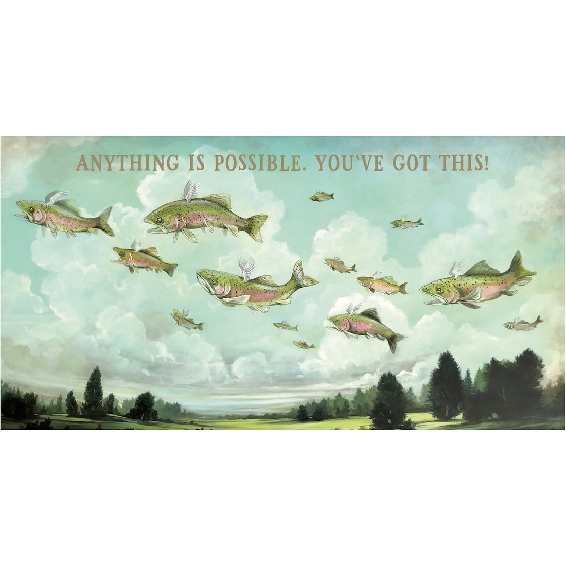 A whimsical illustration of a school of trout with small white wings flying through a cloudy blue sky over a green landscape.