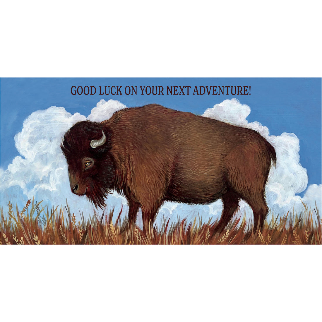 A whimsical illustration of a majestic brown bison, facing left, standing on yellow-tan grass against a blue sky with fluffy white clouds.