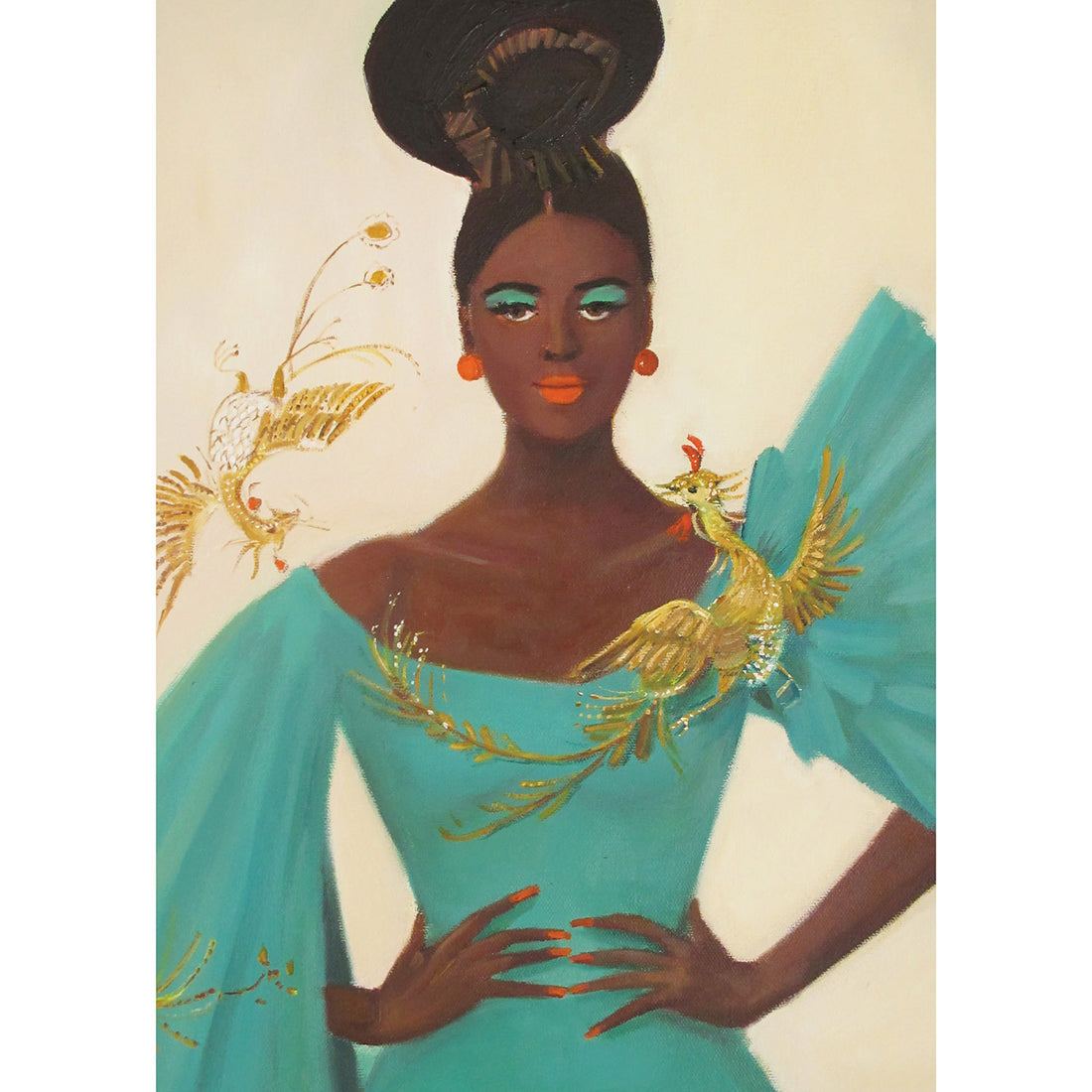 A painterly portrait of an elegant black woman in a teal dress with puffy asymmetrical sleeves accented by gold phoenix embellishments, with her hair in a tall up-do, teal eyeshadow, and orange earrings, lipstick and nail polish. 