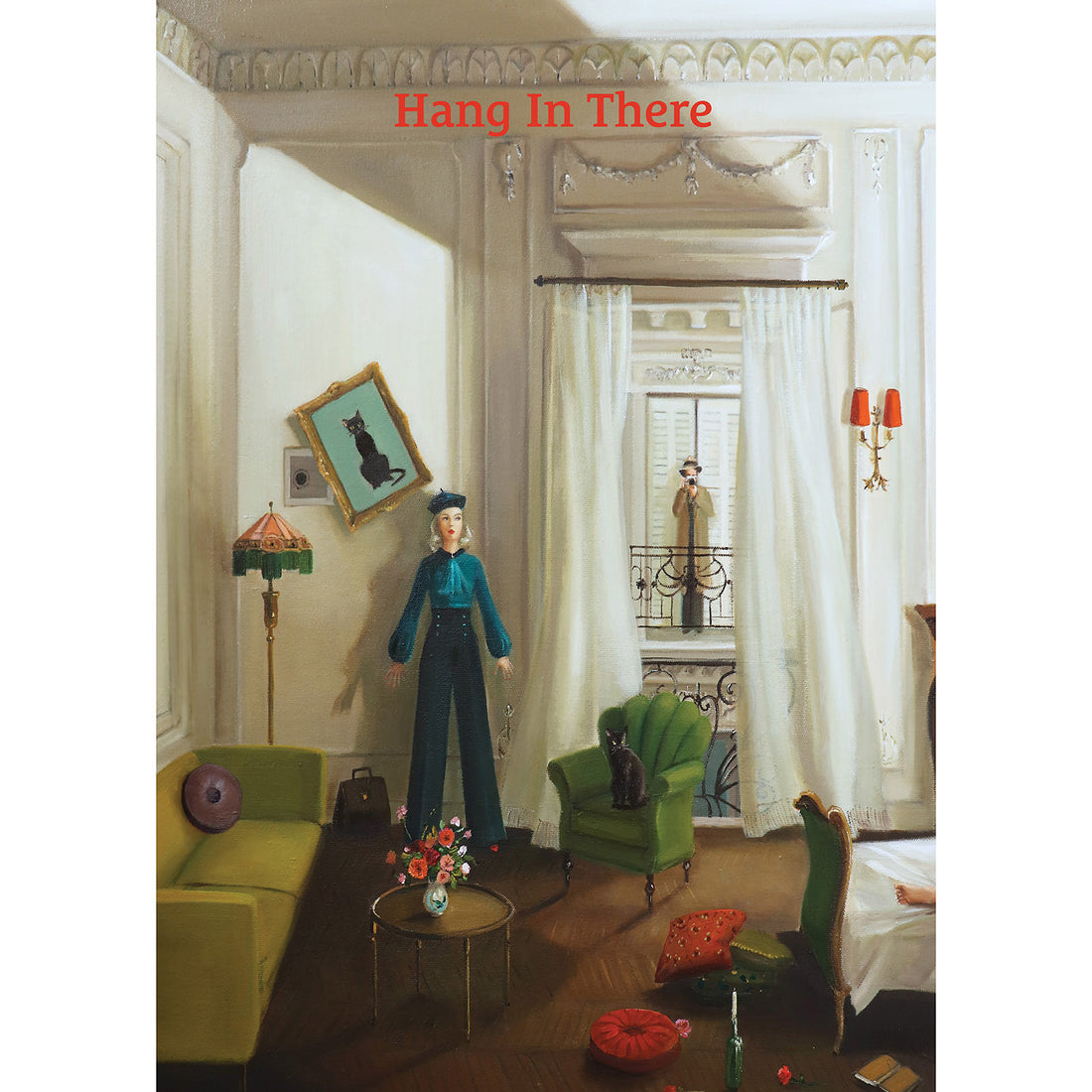 A painterly illustration of the inside of a vintage-style room with an open window. Inside the room, a woman in a teal outfit and beret stands near the window, so as not to be seen by the spy in a tan coat and hat holding a camera across from the open window. Inside the room are mysterious details like a safe behind a painting, a briefcase, and a single foot visible on  the bed. The card reads &quot;Hang In There&quot; in red across the top. 
