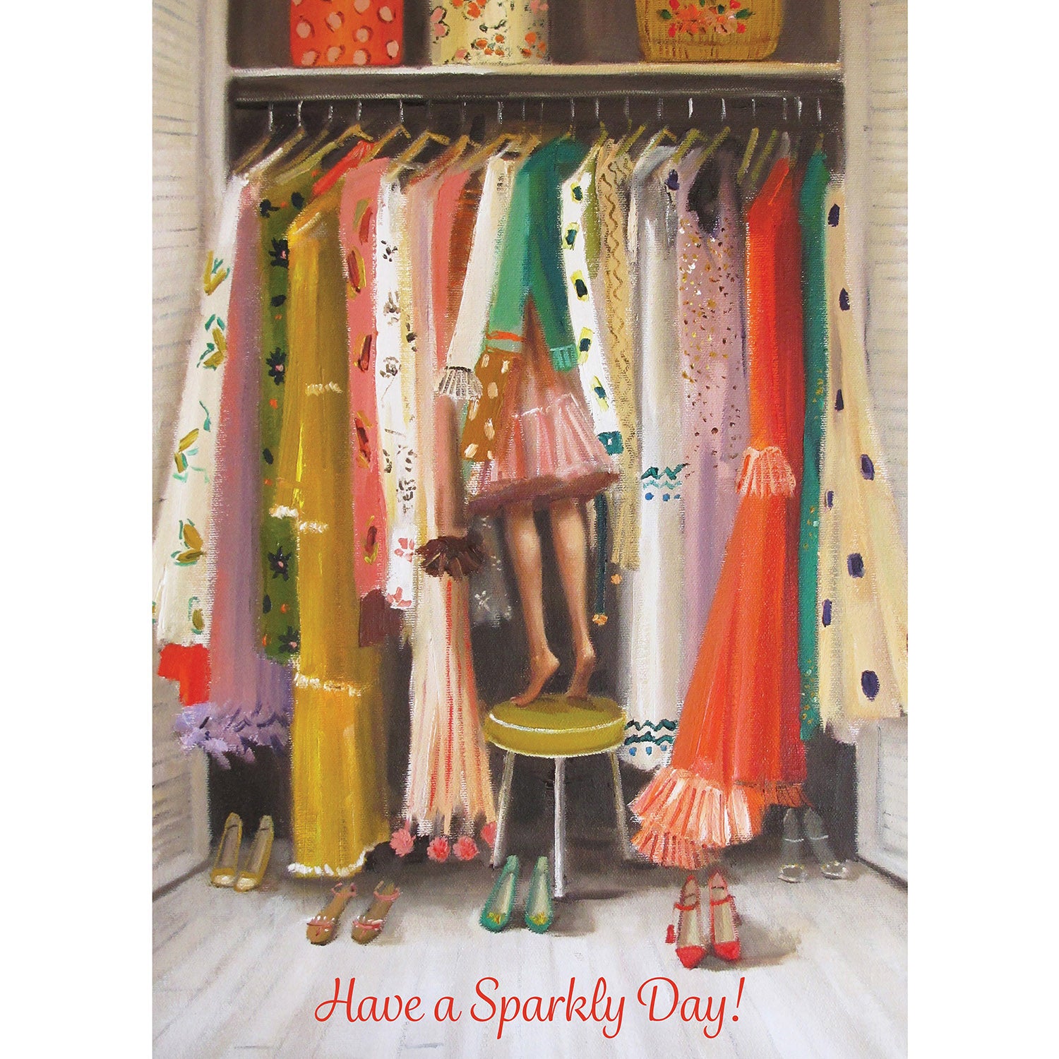 A painterly illustration of a closet packed with colorful vintage dresses, with a young girl&