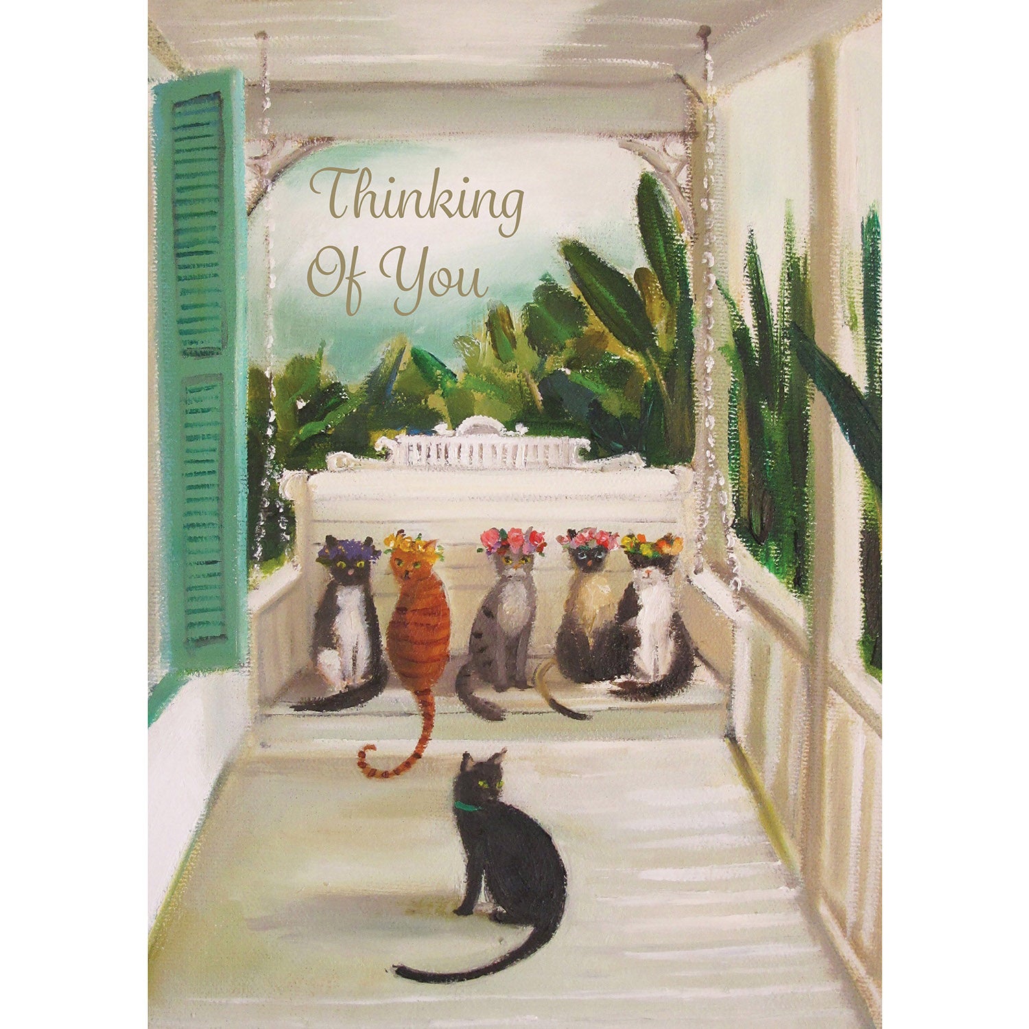 A painterly illustration of a luxurious front porch with a white porch swing bench; sitting on the bench is a group of five variously colored cats in flower crowns, and on the porch below them is a single black cat with a green collar. The message &quot;Thinking Of You&quot; is printed in gold script above the scene. 