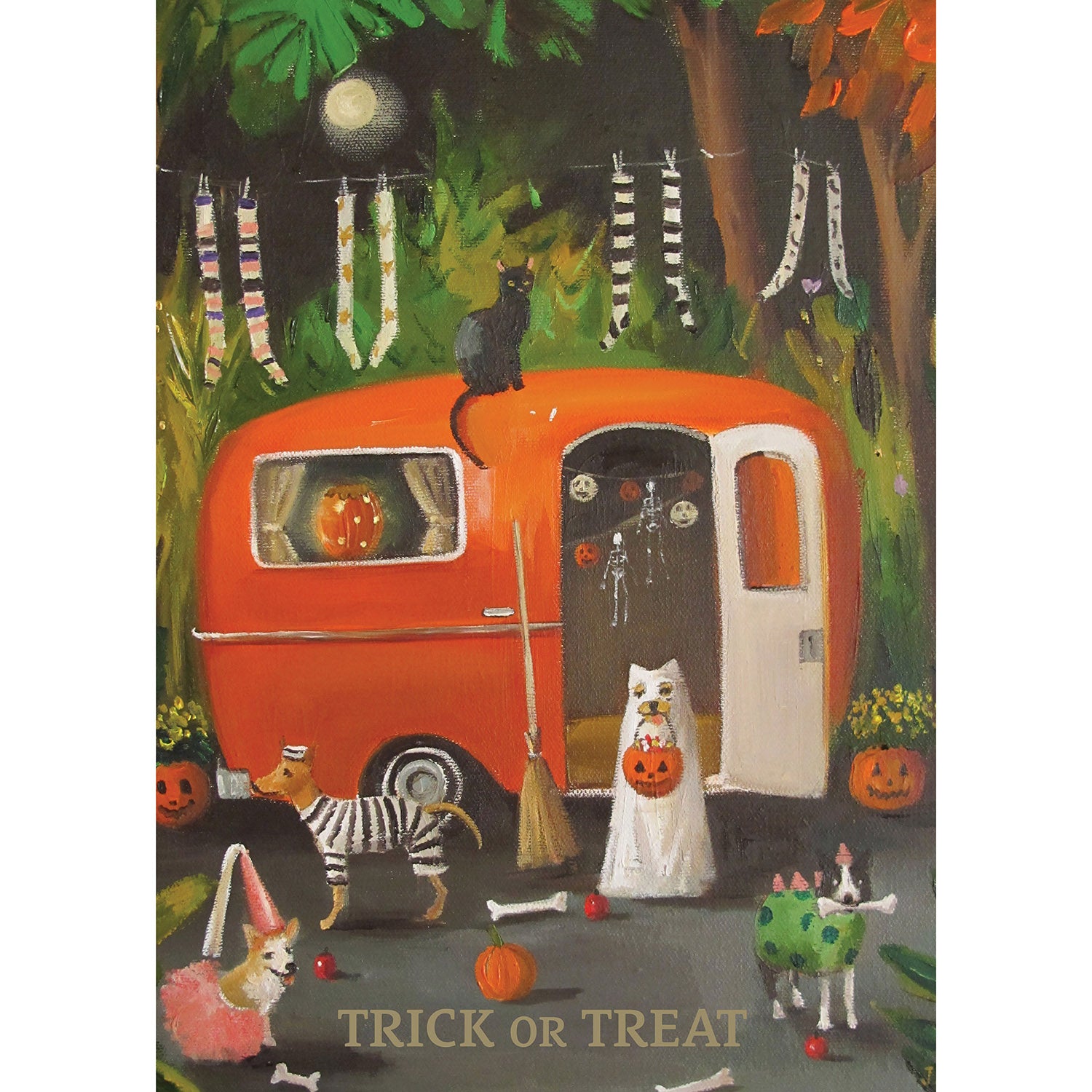 A painterly illustration of a small, orange vintage recreational trailer surrounded by dogs in Halloween costumes and jack-o-lanterns, with a black cat sitting on top. The card reads &quot;TRICK OR TREAT&quot; across the bottom. 