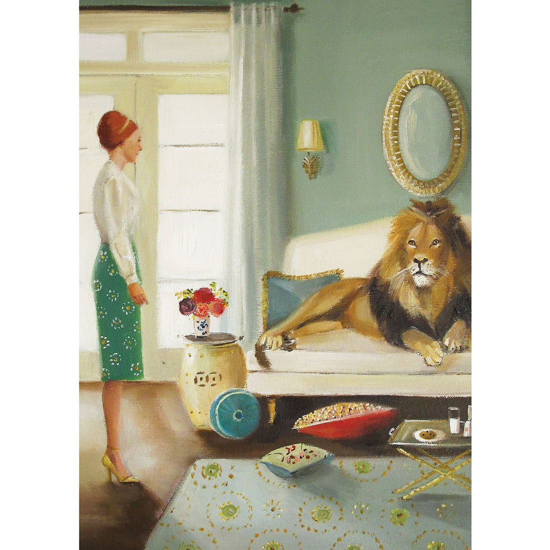 A painterly illustration of a luxurious living room interior, with a woman in a vintage skirt and blouse looking at the adult male lion lounging on her couch. 