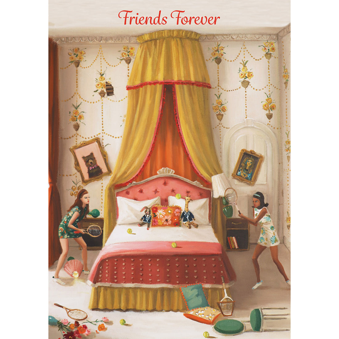 A painterly illustration of two girls playing with tennis rackets and balls on either side of a bed in one girl&