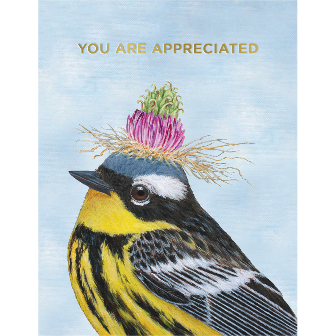 You Are Appreciated Warbler Card featuring a Warbler with a flower on its head and gold foil messaging that says "You are appreciated".